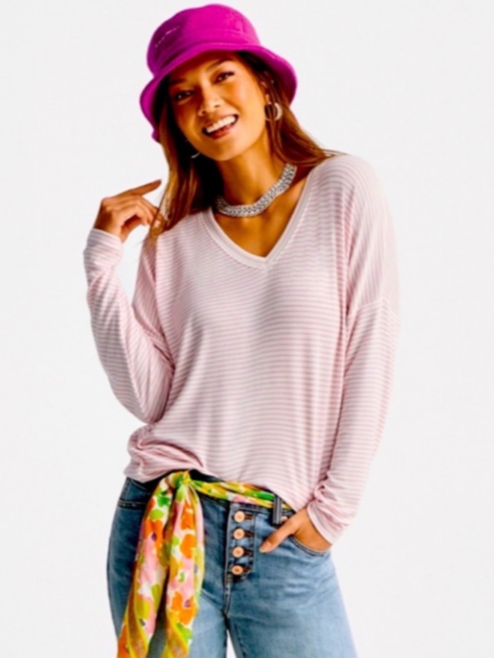 Cabi Serenity Tee  Pink Striped V-Neck Long Sleeve Top Medium NWT